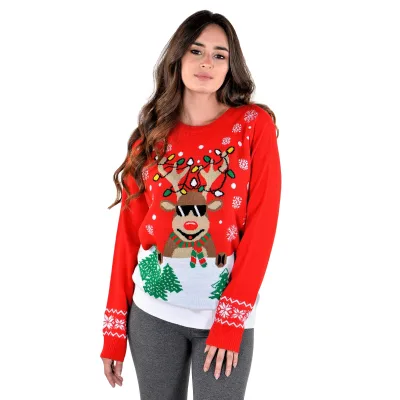 Custom Women's Knitted Classic Ugly Christmas Sweater Jacquard Novelty Santa Reindeer Xmas Design