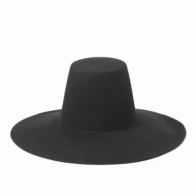 New Stylish Vintage Chic Large Brim Flat High Top Fedora Hat With Wool Felt