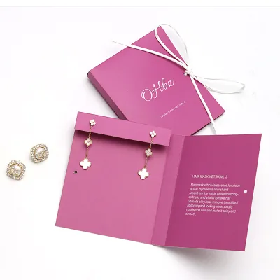 Custom Fuchsia Ribbon Tie Jewelry Folder Card Box with Printed Logo Earring Pendant Display Packaging for Fashion Accessories