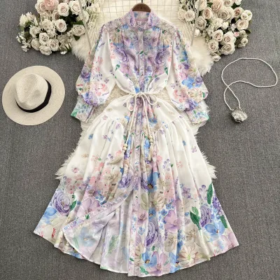 Vintage Dress Female High-grade Fashion Print Strap Waist Chiffon Floral Dress
