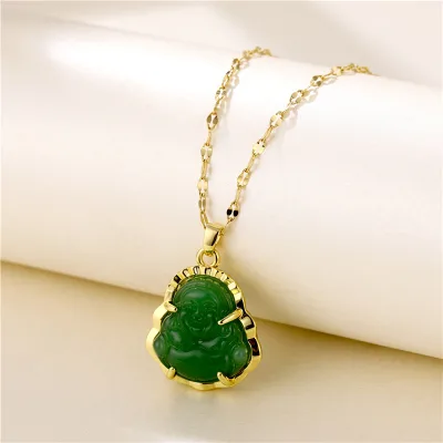 18K Gold Plated Buddha Pendant Necklace Green Jade Buddha Necklace