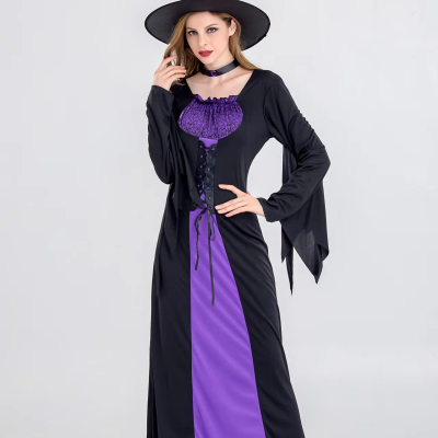 Halloween Witch Vampire Costumes for Women Adult Scary Purple Carnival Party Performance Drama Masquerade Clothing With Hat