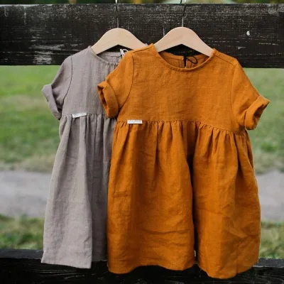 Summer Solid Color Custom Material Short-sleeved Girls Dress Baby Casual Cotton Dress Baby Girl Clothes