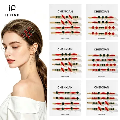 IFOND 4pcs Christmas Rhinestone Hair Pin with Red Green Stone Decor Barrettes for Women Girls Holiday Party Casual Styling