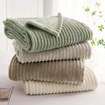 Super Soft Stripe Design Pure Color Blankets Ribbed Fleece Flannel Blanket