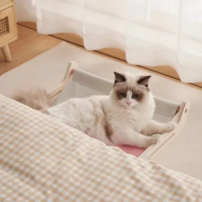 Eco-Friendly Cat Hammock with Detachable Wooden Stand Removable Cover & Breathable Design-Indoor Pet Nest & Turndown Bed