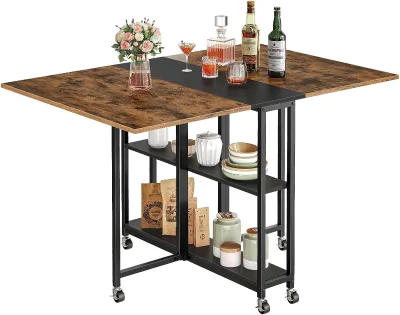 Expandable Kitchen Table, Versatile Table with 6 Wheels and 2-Tier Shelf, for Dining, Living Room, Apartment, Rustic Brown