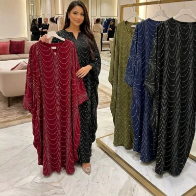 Pure Color Acetate Fibre Rhinestone Decoration V Neck Loose Butterfly Style Dubai Abaya Islamic Clothing