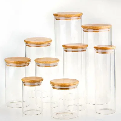 Cylindrical Borosilicate Glass Storage Jars Contemporary Design Detachable Bamboo Lids High Heat Resistant Wedding 450ml-1900ml