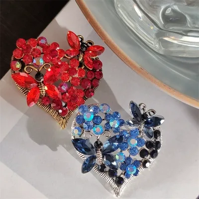 Retro Alloy Plating Rhinestone Red Blue Butterfly Love Heart Shape Brooch Temperament Fashion Coat Suit Pin Clothing Accessories