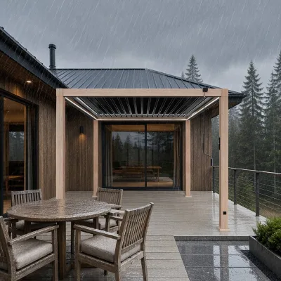 Hand Controlled Wood Grain Aluminum Patio Pergola Reinforced Column Beam Structure LED Light Private Yard Sun Shade Canopy