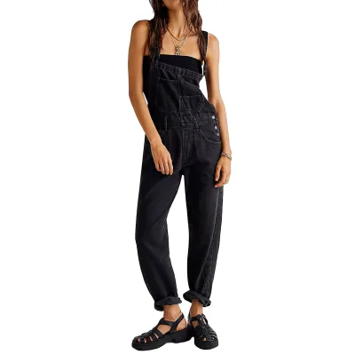 European American Women's High Waist Casual Loose Denim Strap Pants Summer Washed Overalls Solid Pattern