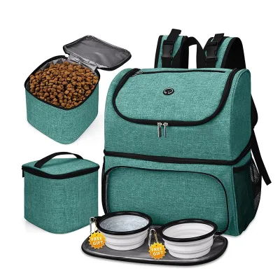 Pet Carriers Travel Bag for Supplies,Airline Approved Pet Supplies Backpack 2 Silicone Collapsible Bowl and 2 Food Baskets Green