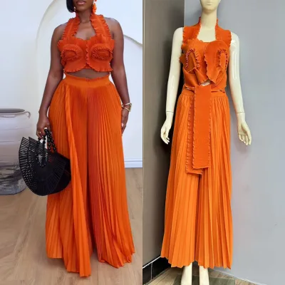 Chic Design Summer Autumn Pure Color Pleated Halter Crop Tops and Wide Fitting Long Pants Two Piece Sets Women