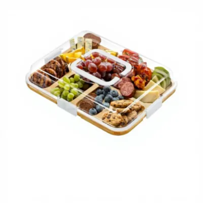 Multifunctional Natural Bamboo Charcuterie Board with Clear Lid Portable Travel Cheese Cutting Boards for Picnic Accessories