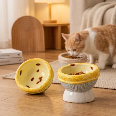 Eco-Friendly Egg Tart Ceramic Bowl with Elevated Spout Leak-Proof and Neck-Friendly Design Easy to Tip Over Cat Bowl