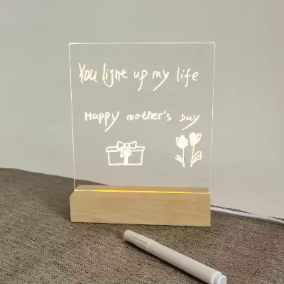 New LED Luminous Blank Acrylic Rewritable Transparent Message Board Erasable Note Board With Wooden Base