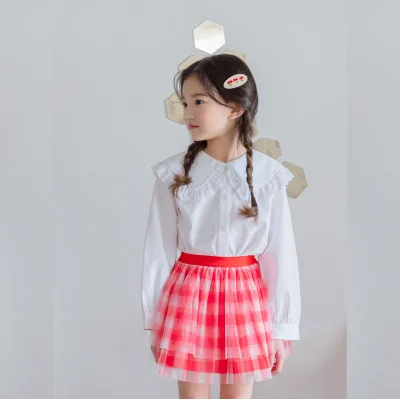 Girls' Casual Korean Style Plaid Mesh Skirt for Summer New Mini-Length Denim Cotton Lace Pleats Cross-Border Print Design