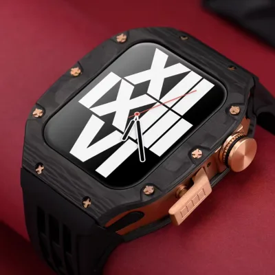 Black Carbon Fiber Stainless Steel Case Rubber Band Adjustable Butterfly Clasp Smartwatch 44/45mm Luxury Watch Accessories