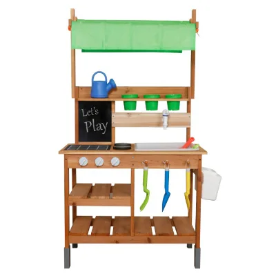 Toddler Play Outdoor Mud Kitchen with Sink, Faucet, Blackboard, Watering Pot and Planter Box for Kids W10C988