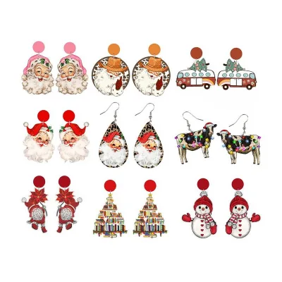 New Christmas Tree Santa Wooden Earrings for Women Western Vintage Christmas Earrings Bulk
