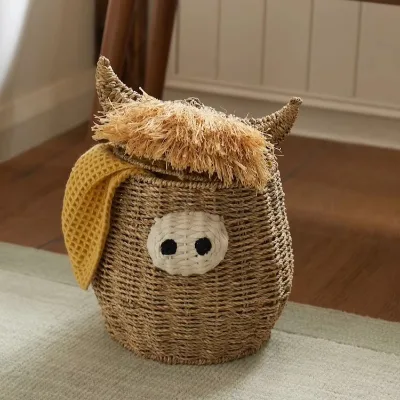 Funny Natural Seagrass Braided Hamish the Highland Cow Storage Basket Perfect for Storing Blankets, Throws