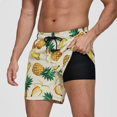 Men's 2 in 1 Compression Liner Quick Dry Swimming Trunks Shorts Hawaiian Style Swim Beach Shorts