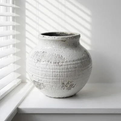Wabi-Sabi Antique White Crackle Glaze Ceramic Vase Handcrafted Textured Pottery Vessel Farmhouse Style Durable for Vintage
