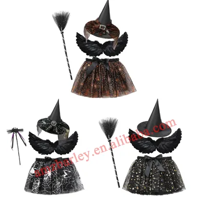 4-Piece Halloween Costume Set for Girls Black with Star Spider Web Printed Mesh Tutu Skirt Witch's Hat Broom Feather Wings