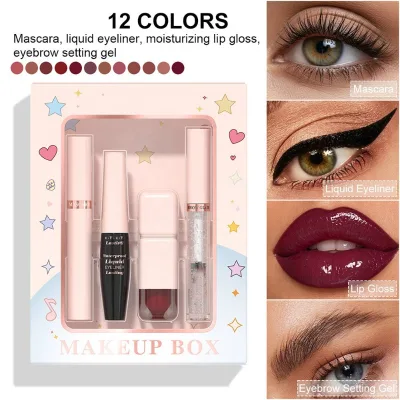 Mascara, Liquid Eyeliner, Lip Gloss, Eyebrow Styling Gel Set, Gift Box Makeup Set