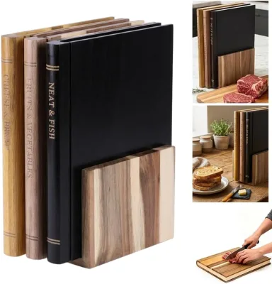 Eco-Friendly Durable Wooden Chopping Board Set with Storage Bracket Decorative Book Design for Meat Vegetables and Bread