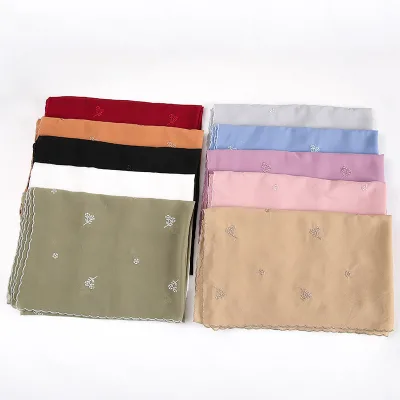 New Summer Collection Breathable Polyester Muslim Scarf Hijab Long Chiffon Embroidered Shawl Printed Rhinestone Logo