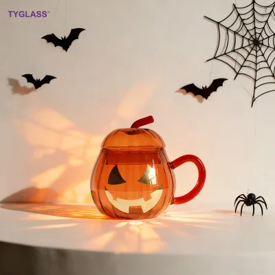 Halloween Borosilicate Glass Water Cup Cute Cartoon Design with Small Pumpkin Funny Dishwasher Safe Back School & Party Mug
