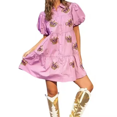 Factory Oversized Cotton Sequins Crawfish Women's Mini Dress Short Sleeve Embroidery Sequins Sparkle Women's Mini Dress