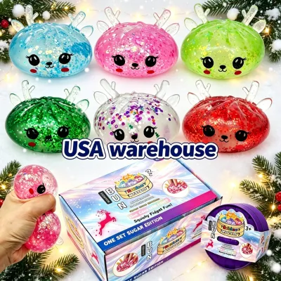 72PACK USA RTS Soft Slow Rebound Maltose Fill Glitter Reindeer Dumpling Squishy Sensory Fidget Ball with Gifts Box for Christmas