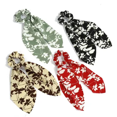 Maple Leaf Streamer Large Intestine Hair Tie for Women, Small Fresh and Sweet Bow Hair Tie, Knotted Printed Tie-Dye Hair Rope