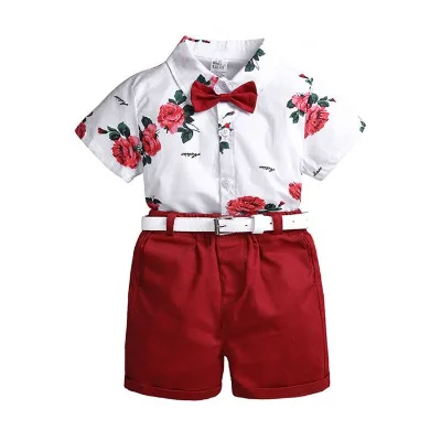 Baby Boys Summer Cotton Party Suits With Short Sleeve Flower Shirts and Shorts From China