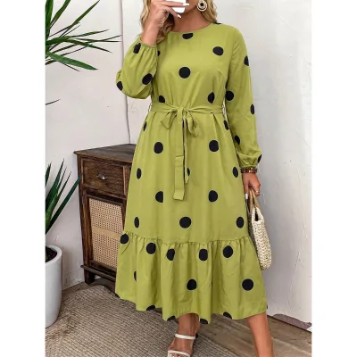 European and American Autumn New Plus Size Casual Polka Dot Print Long Skirt Lantern Sleeves Slimming Fish Tail Dress