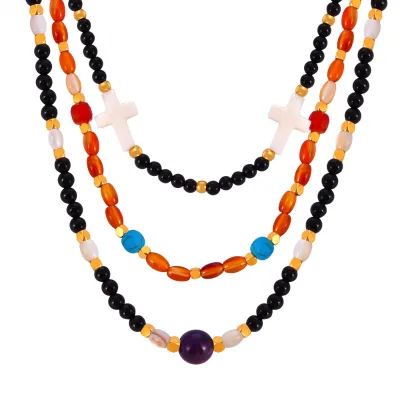 Natural Stone Handmade Beaded Necklace for Women Cross Accessories Stainless Steel Round Bead Necklace