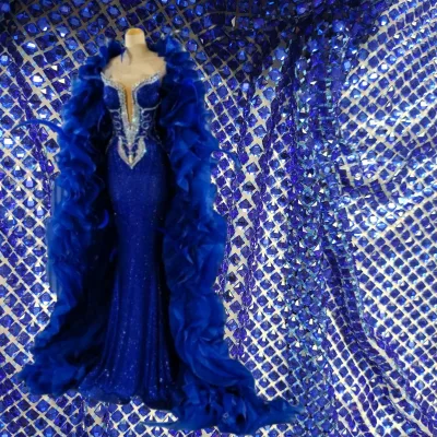 Factory Fast Dispatch Shiny Crystal Sapphire Blue Rhinestone Mesh 6*6 for Tops Rhinestone Square Neck Long Sleeve
