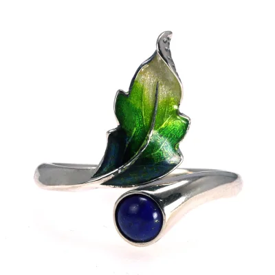 Genuine 925 Sterling Silver Nature Gemstone Rings for Women Enamel Lotus Leaf Inlaid Yellow Chalcedony Unique Ring
