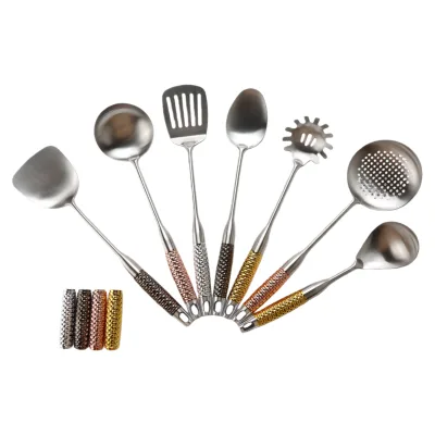 Stainless Steel Kitchen Utensil Dishwasher Safe with Luxurious Handle Titanium Coated Wok Ladle Skimmer Soup Spoon Home Chef Use
