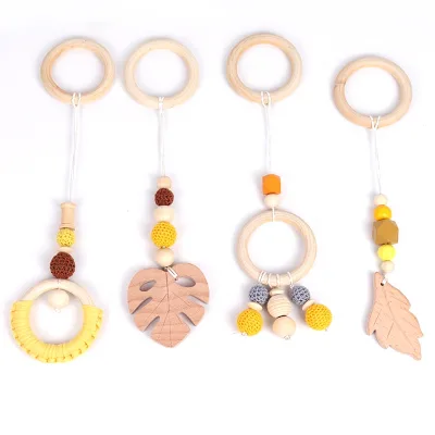4 Pcs/set New Yarn Bead Baby Room Decoration Pendant Beech Teether Cotton Woven Wood Circle Teether Toy Set