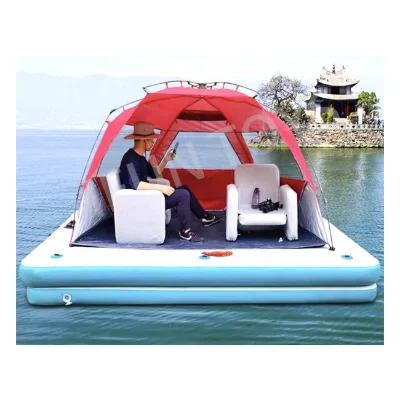 Outdoor Aqua Sport Inflatable Floating Fishing Dock Platform with Tent Pontoon Boat for Adults