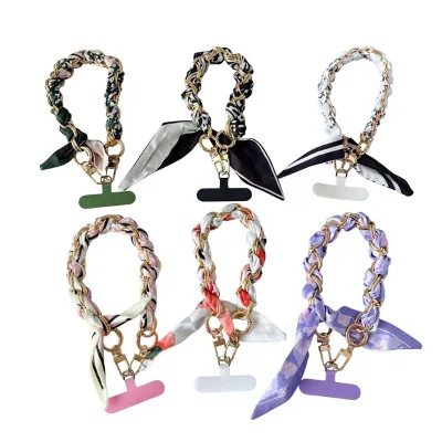 Patterned Fabric Phone Strap Pink Woven Scarf Keychain Bracelet Wristlet Strap Fabric Scarf Chain Phone Holder Wristlet Strap
