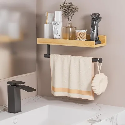 Eco-friendly Bamboo Tissue Paper Spice Rack Floating Wall Shelf for Bathroom & Laundry Organizer with Removable Towel Rod