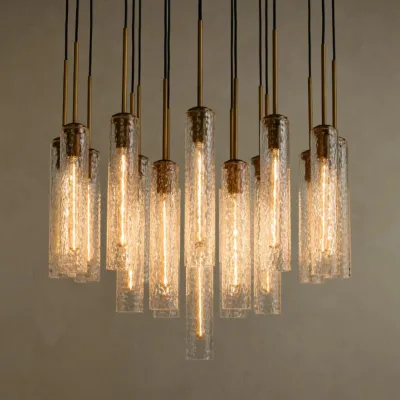 Sleek Cluster Multi Drop Chandelier Brushed Brass Clear Cylindrical Glass Ceiling Pendant Light for Staircase Foyer Lobby