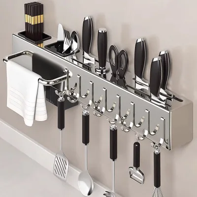 RXZZ Stainless Steel Knife Chopstick Storage Rack Punch-Free Wall-Mounted Kitchen Knife Holder Multi-Functional Storage Shelf