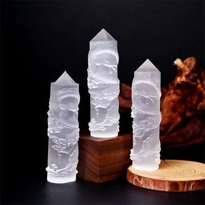 New Design Natural Crystal Carving Dragon Tower Crystal Healing Stones White Selenite Wand Gypsum Point for Decoration