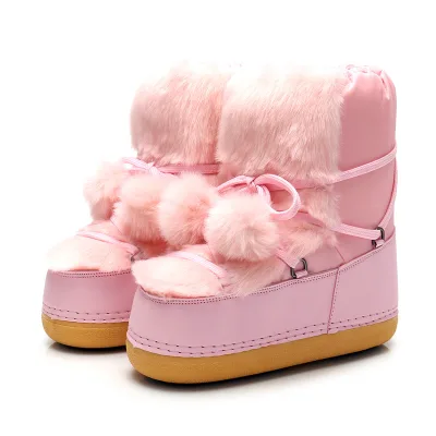 Women Pinky Winter Snow Boots High Platform Anti-Slippery Mid-Calf Space Boots Women Fluffy Furry Warm Plush Slip-on Cotton Boot
